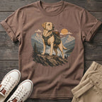 T-shirt graphic of a labrador wearing a backpack on a mountain overlook.