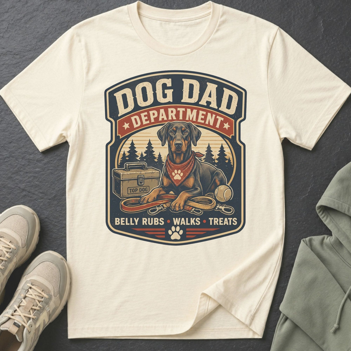 Cream t-shirt with "Dog Dad Department" design featuring a dog, leashes, and toolbox.