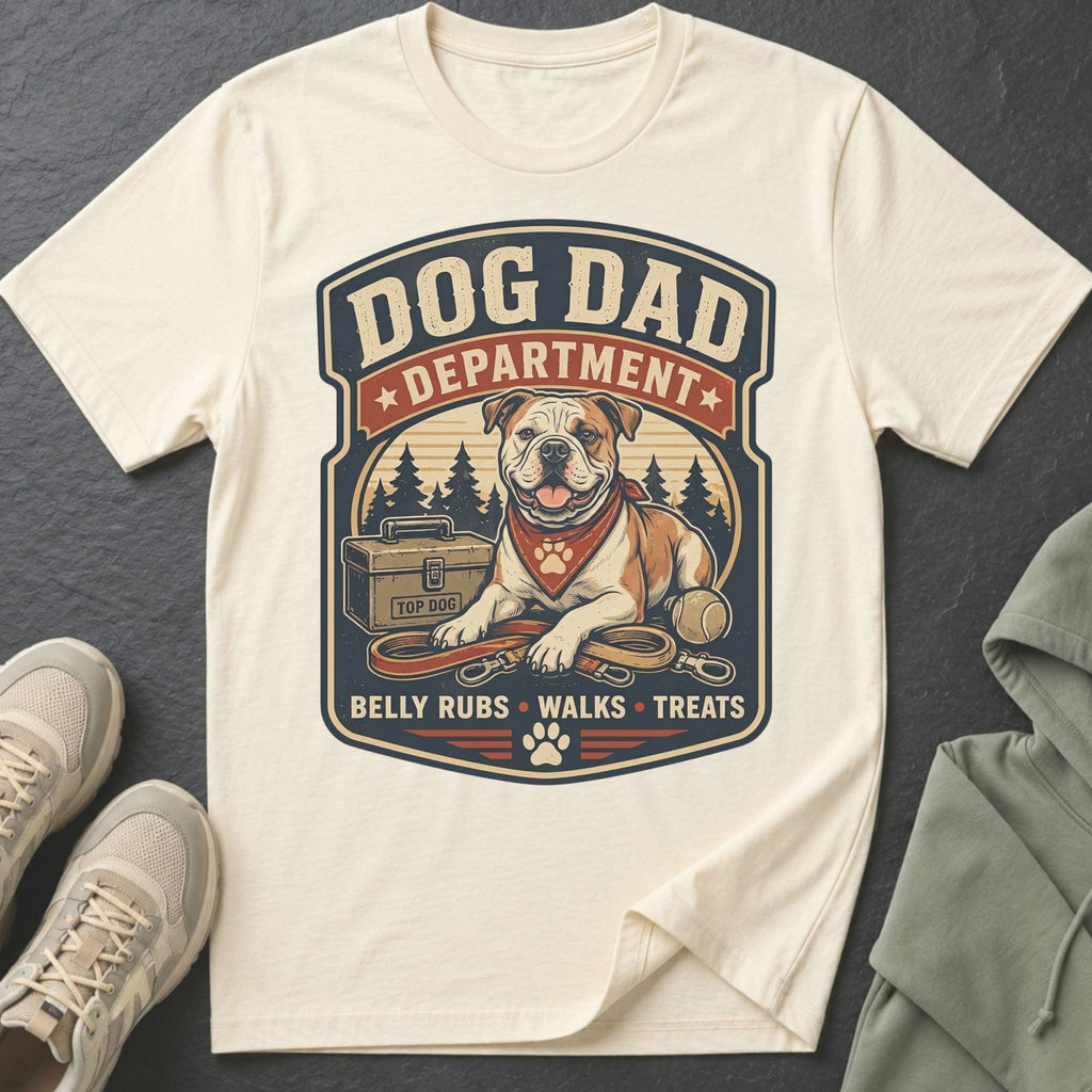 T-shirt with "Dog Dad Department" graphic featuring an English Bulldog, leash, and treats.
