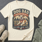 T-shirt with "Dog Dad Department" graphic featuring an English Bulldog, leash, and treats.