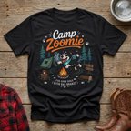 Black t-shirt with "Camp Zoomie" graphic featuring a dog, campfire, and tent.