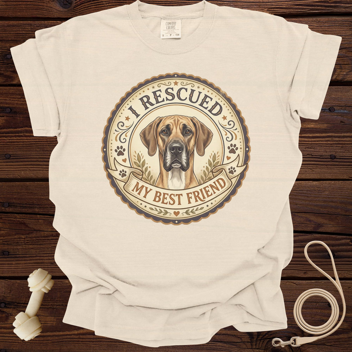 Cream t-shirt with Great Dane graphic and "I RESCUED MY BEST FRIEND" text.