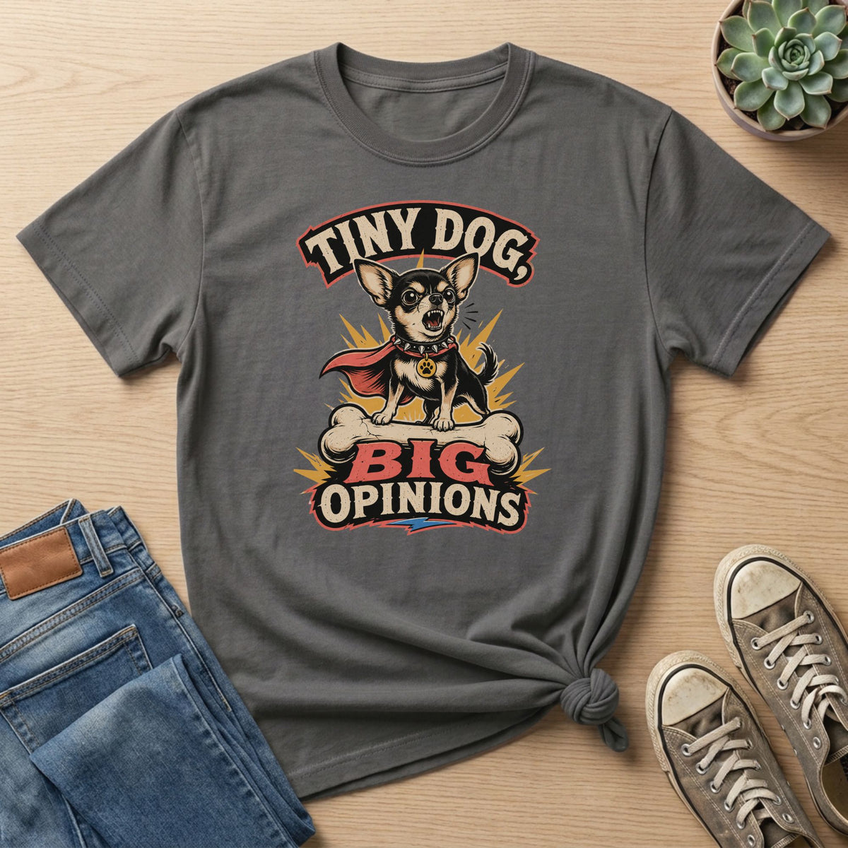 T-shirt with a chihuahua wearing a cape and text "TINY DOG, BIG OPINIONS".
