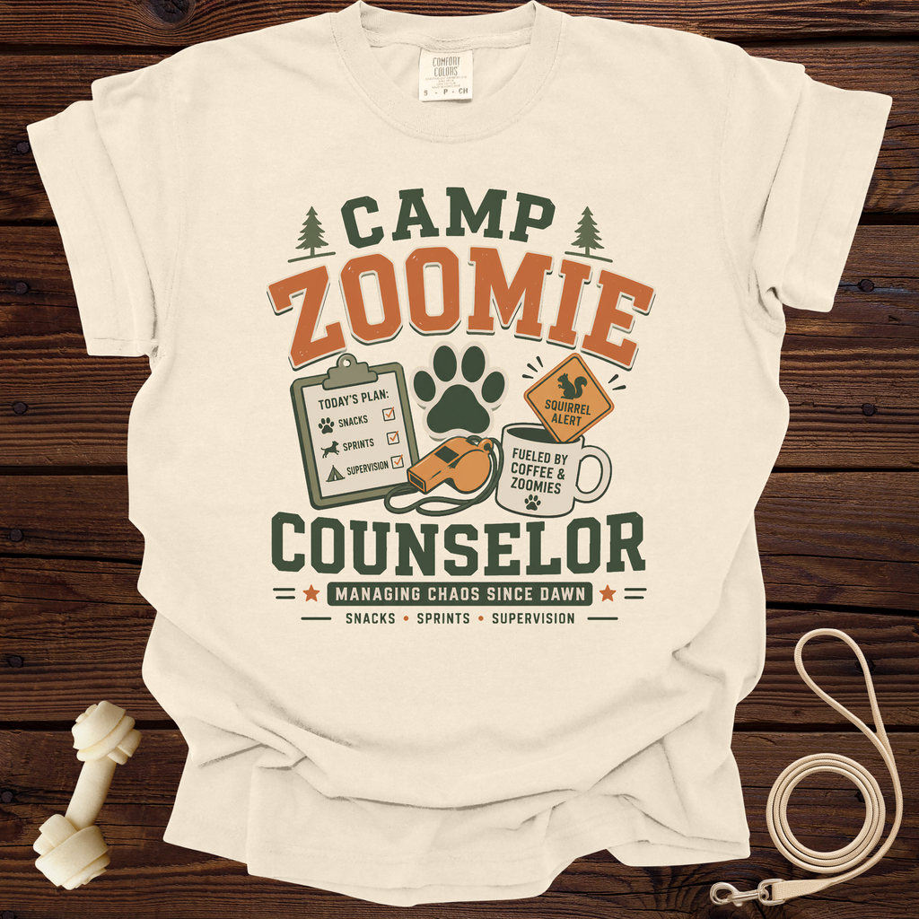 Camp Zoomie Counselor graphic tee with "Managing Chaos Since Dawn" text.