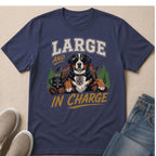 Bernese Mountain Dog wearing sunglasses and a "The Boss" tag, with text "Large and In Charge".
