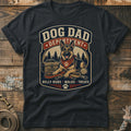 German Shepherd with "Dog Dad Department" text, leash, toolbox, and tennis ball.