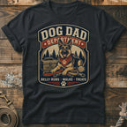 German Shepherd with "Dog Dad Department" text, leash, toolbox, and tennis ball.