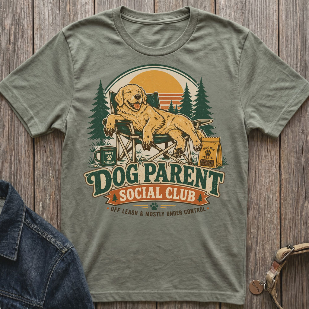 Golden retriever in chair with "Dog Parent Social Club" text.