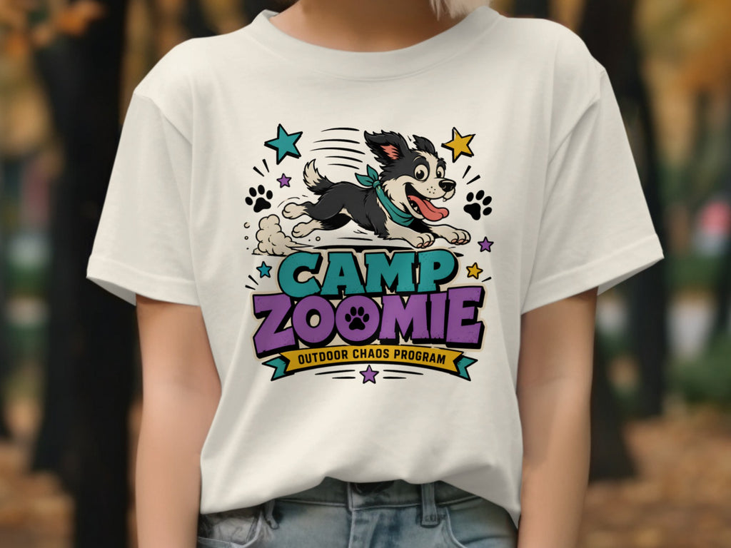 T-shirt with "Camp Zoomie Outdoor Chaos Program" text and cartoon dog.
