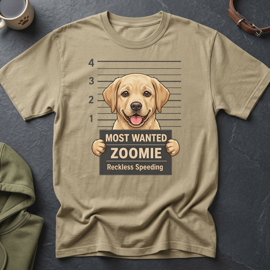 Tan t-shirt with a cartoon Labrador mugshot featuring "MOST WANTED ZOOMIE Reckless Speeding".