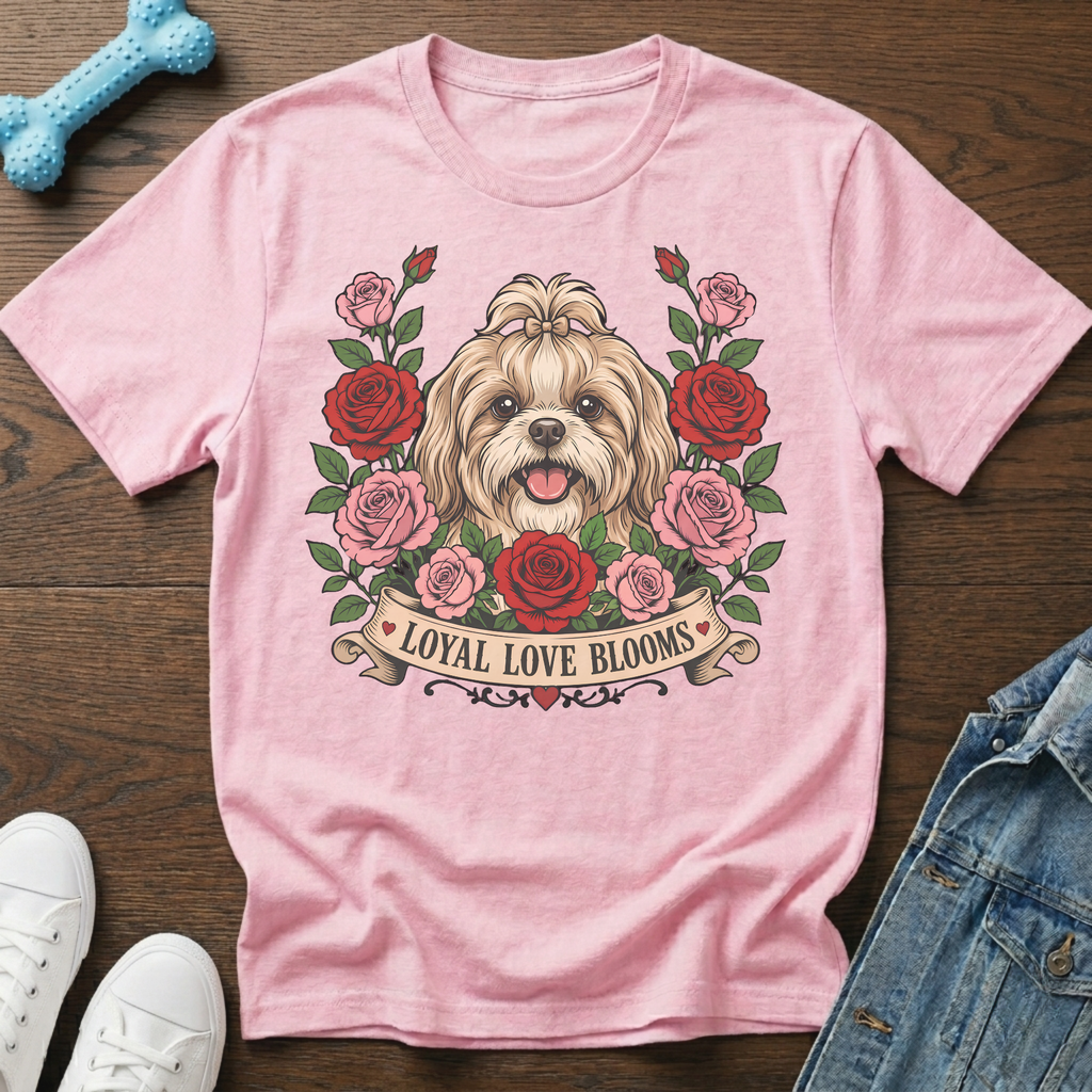 Pink t-shirt with Shih Tzu surrounded by roses and banner reading "LOYAL LOVE BLOOMS".