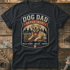 Dark t-shirt graphic with a golden retriever wearing a bandana and the text "DOG DAD DEPARTMENT".