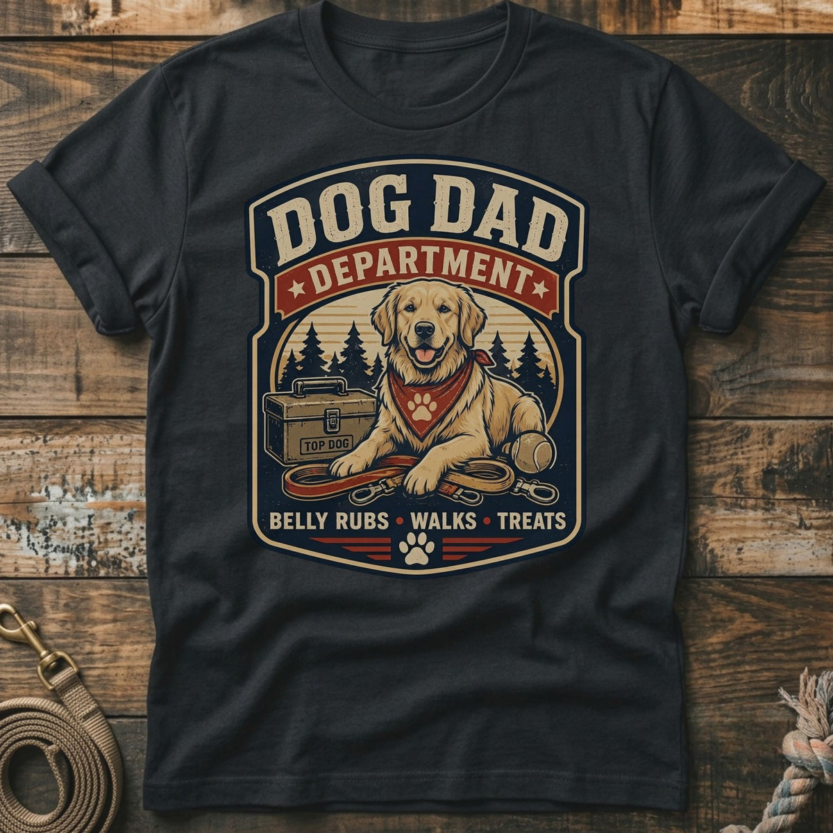 Dark t-shirt graphic with a golden retriever wearing a bandana and the text "DOG DAD DEPARTMENT".