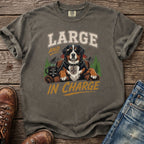 T-shirt with a Bernese Mountain Dog wearing sunglasses and text "LARGE AND IN CHARGE".