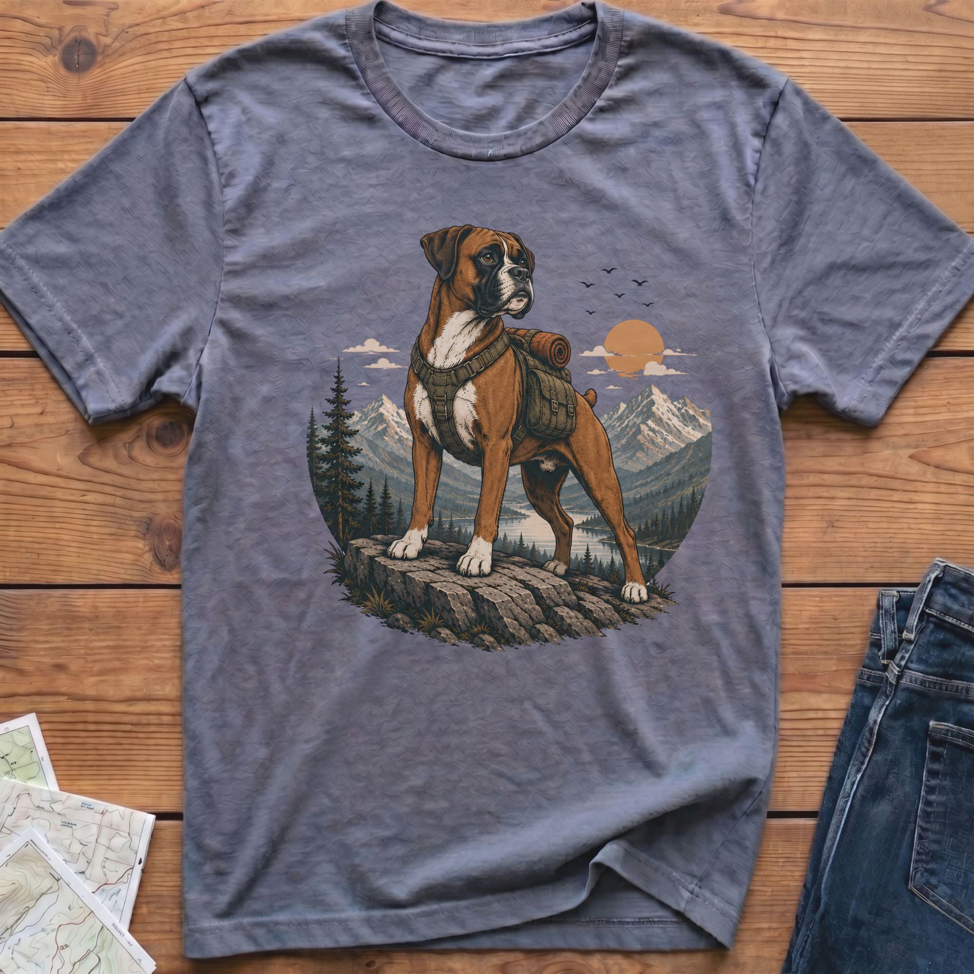 Boxer dog with backpack stands on cliff overlooking mountains and lake at sunset.