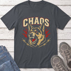 Dark gray t-shirt with a snarling dog and the word CHAOS.