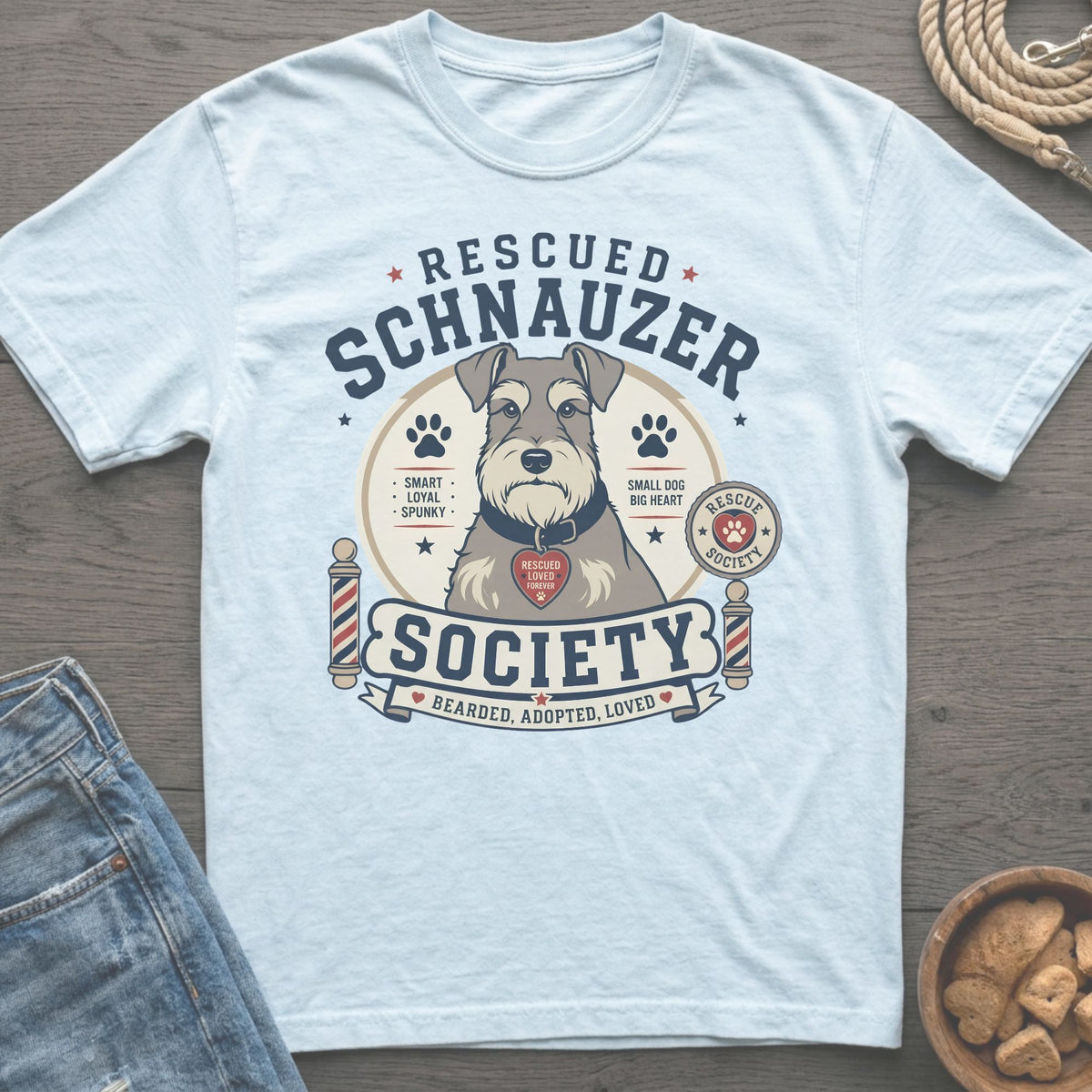 Light blue t-shirt with "Rescued Schnauzer Society" design featuring a schnauzer.