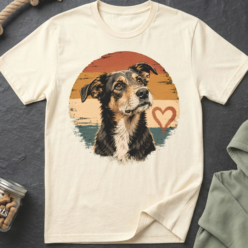 Cream t-shirt with a dog portrait, distressed sunset, and heart graphic.