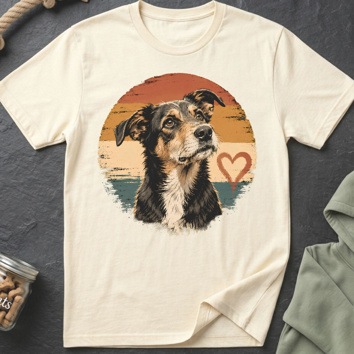 Cream t-shirt with a dog portrait, distressed sunset, and heart graphic.