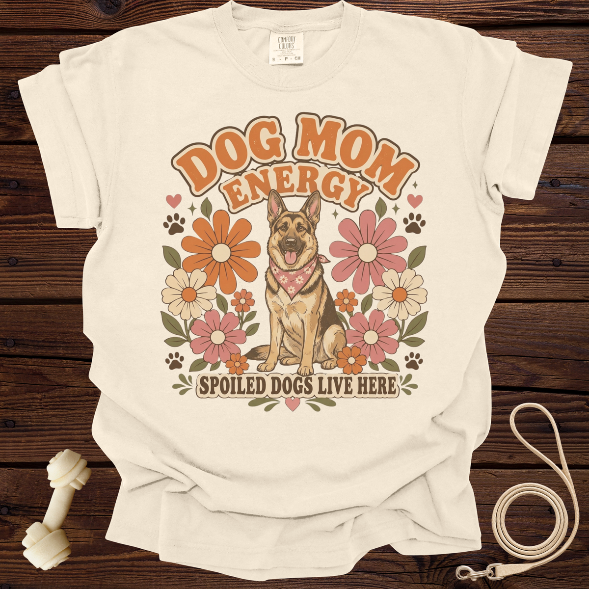 Cream t-shirt with "Dog Mom Energy" text and a German Shepherd graphic.