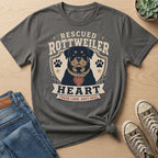 Rescued Rottweiler Heart t-shirt with tough look soft soul text.