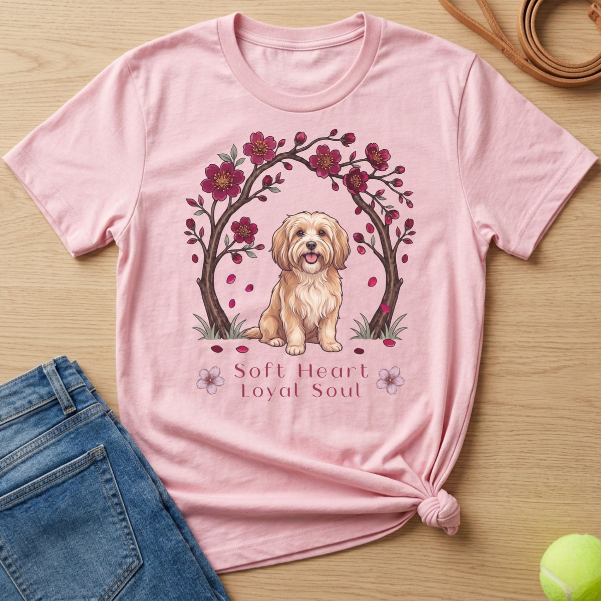 Pink t-shirt with a tan dog illustration under a cherry blossom tree, text "Soft Heart Loyal Soul".