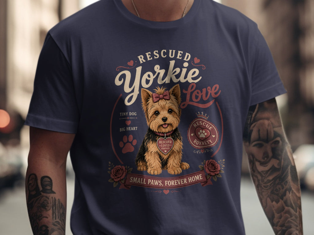 Rescued Yorkie Love design with a puppy, roses, and text.