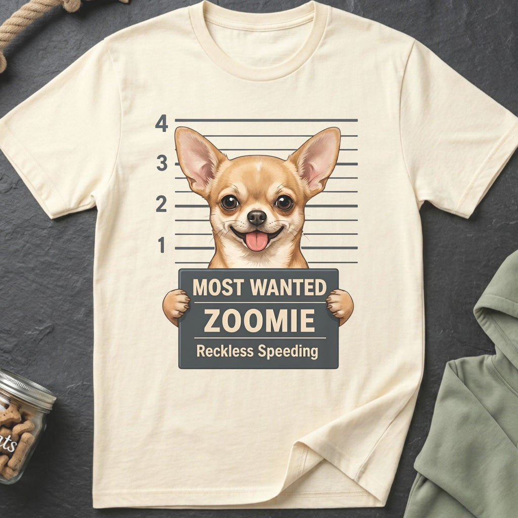 T-shirt graphic of a chihuahua in a mugshot holding a sign that reads "Most Wanted Zoomie Reckless Speeding."