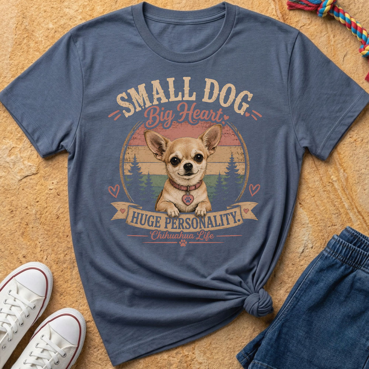 Blue t-shirt with a Chihuahua graphic that says "Small Dog Big Heart, Huge Personality. Chihuahua Life."