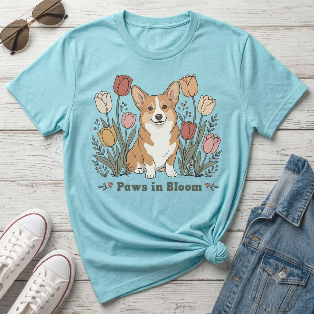 Light blue t-shirt with corgi and tulips graphic, reads "Paws in Bloom".