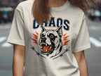White t-shirt with "CHAOS" text and roaring dog head graphic