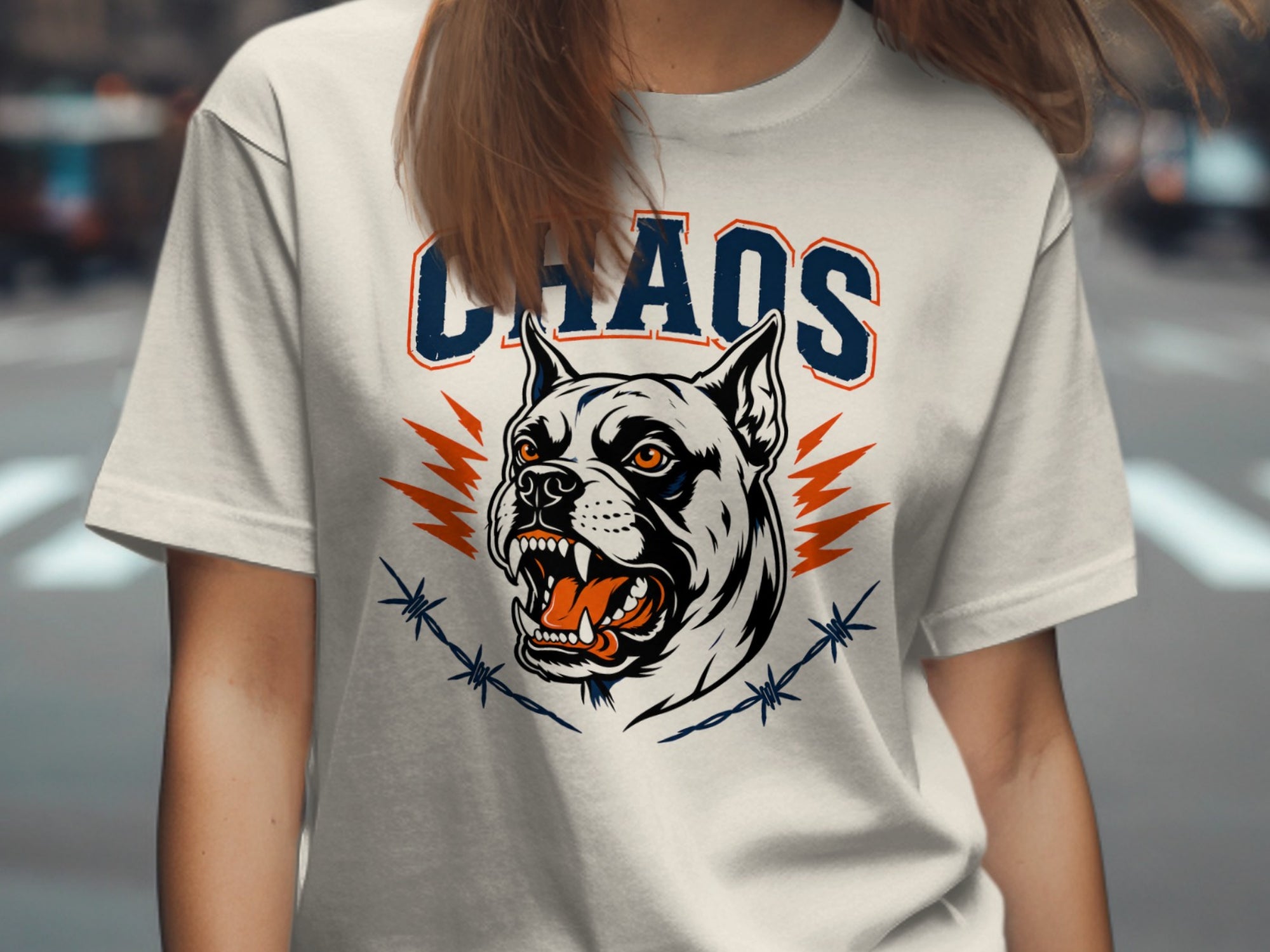 White t-shirt with "CHAOS" text and roaring dog head graphic