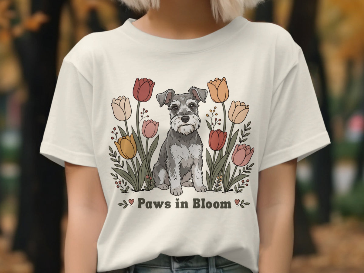 Cream t-shirt with illustration of a schnauzer among tulips and the text "Paws in Bloom".