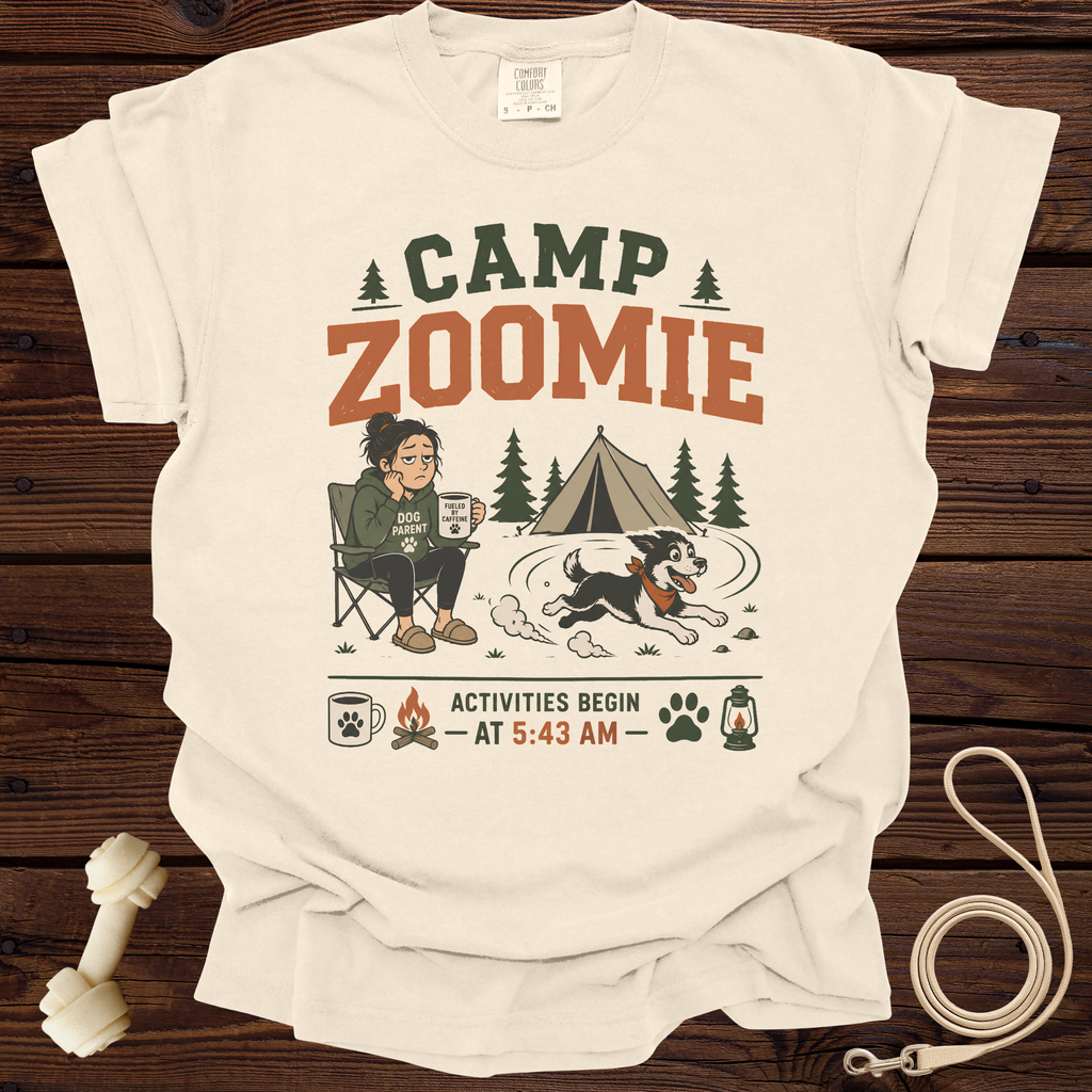 Cream t-shirt with "Camp Zoomie Activities Begin At 5:43 AM" graphic.