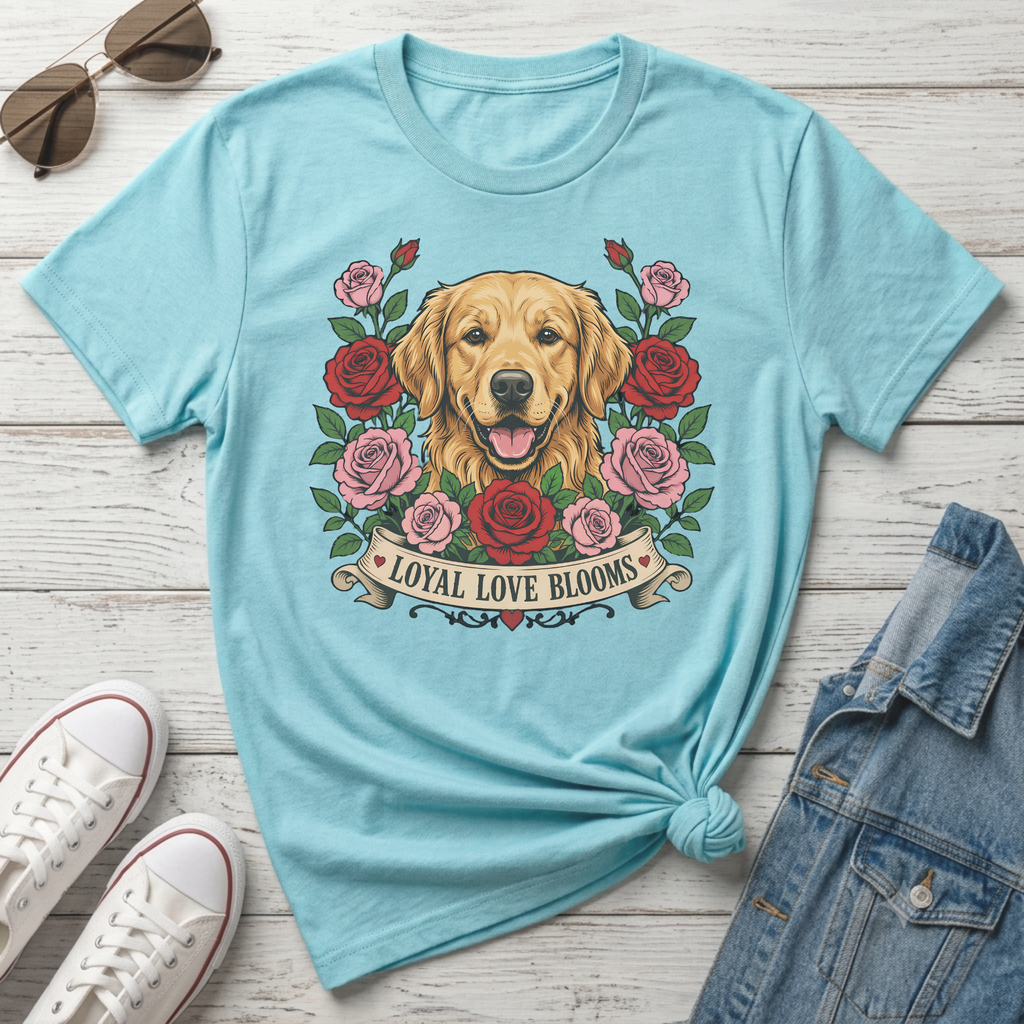 Light blue t-shirt with Golden Retriever surrounded by roses and the text "LOYAL LOVE BLOOMS".