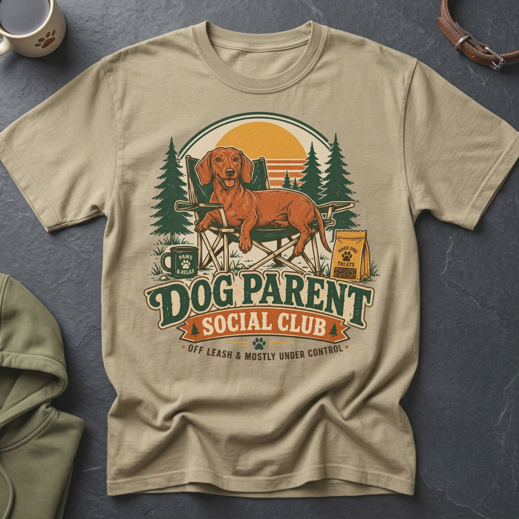 Dachshund on chair with text "Dog Parent Social Club" and "Off Leash & Mostly Under Control".