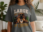 T-shirt design features a dog wearing sunglasses and a "The Boss" tag, with text "Large and In Charge".