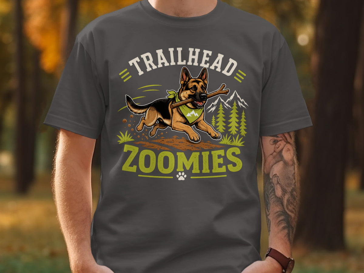 German Shepherd running with stick, text "TRAILHEAD ZOOMIES"