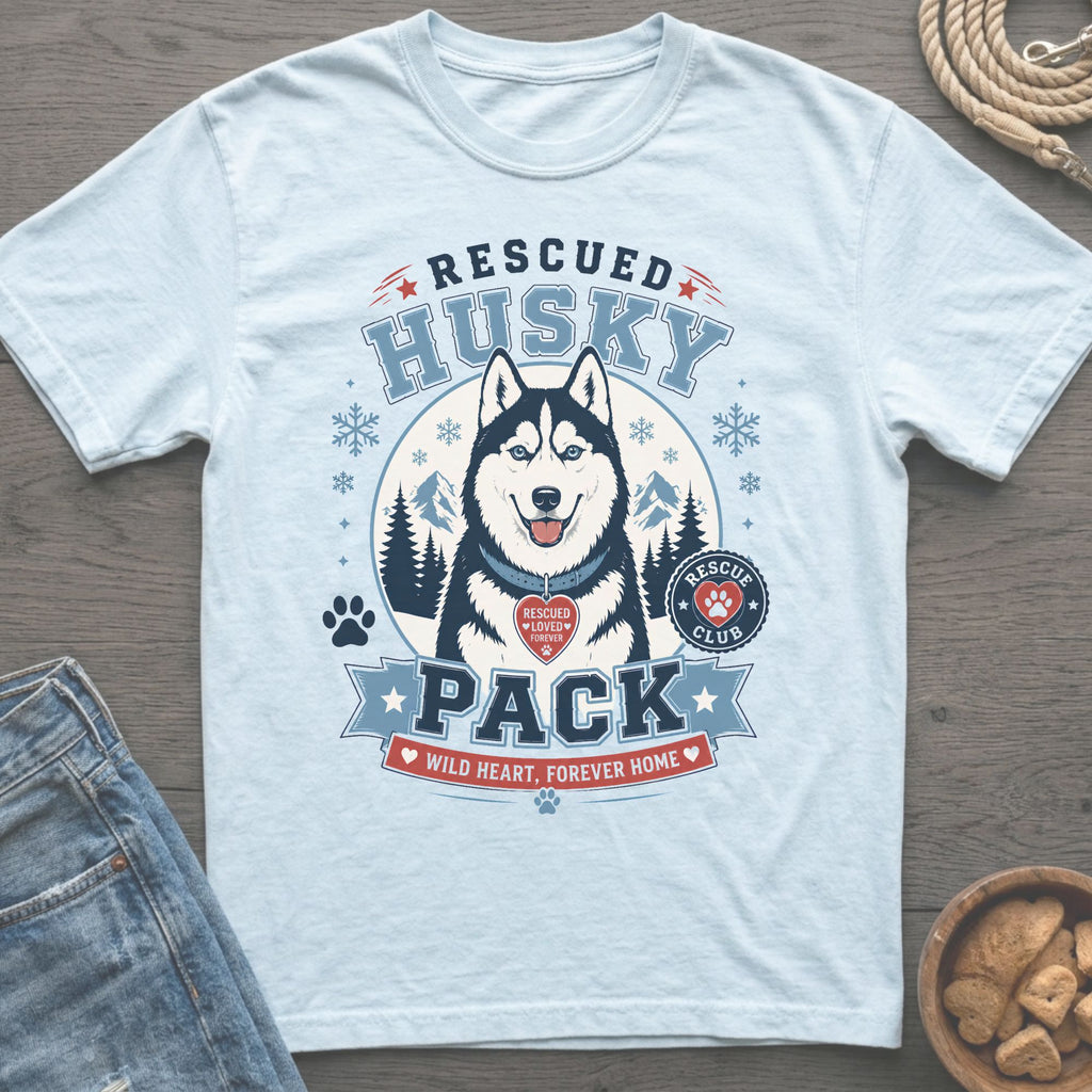 Light blue t-shirt graphic: Rescued Husky Pack with dog, mountains, and snowflakes.