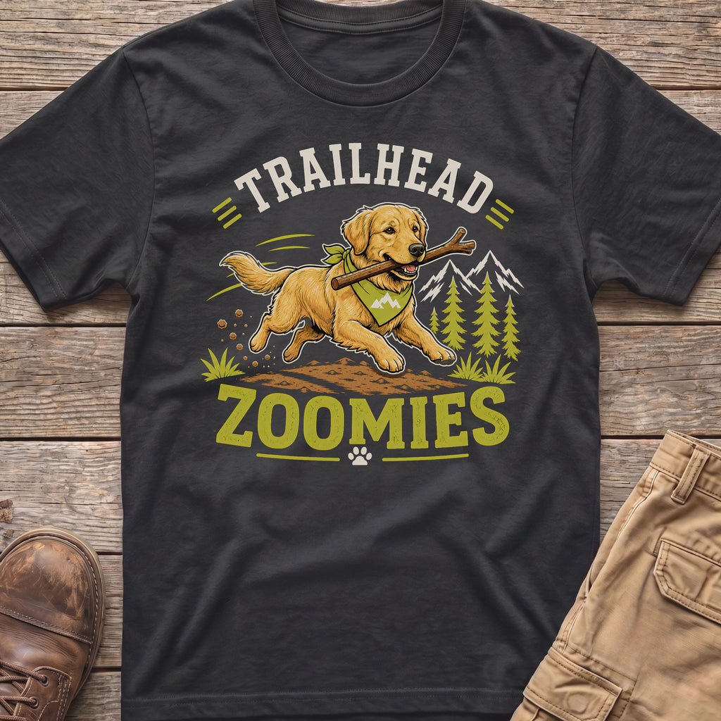 T-shirt graphic with a golden retriever carrying a stick, text "TRAILHEAD ZOOMIES".