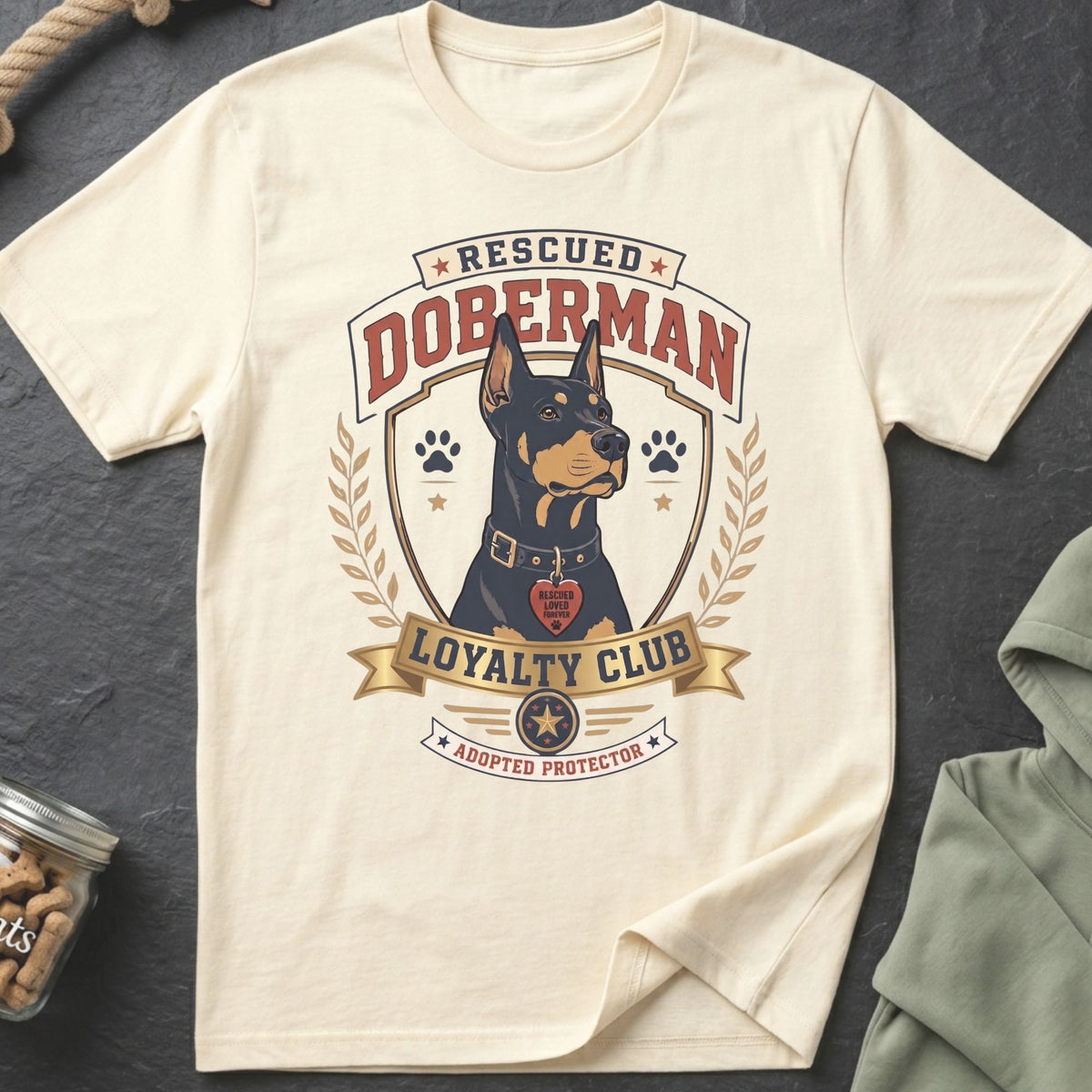 Cream t-shirt with a Doberman illustration and text reading "Rescued Doberman Loyalty Club Adopted Protector."