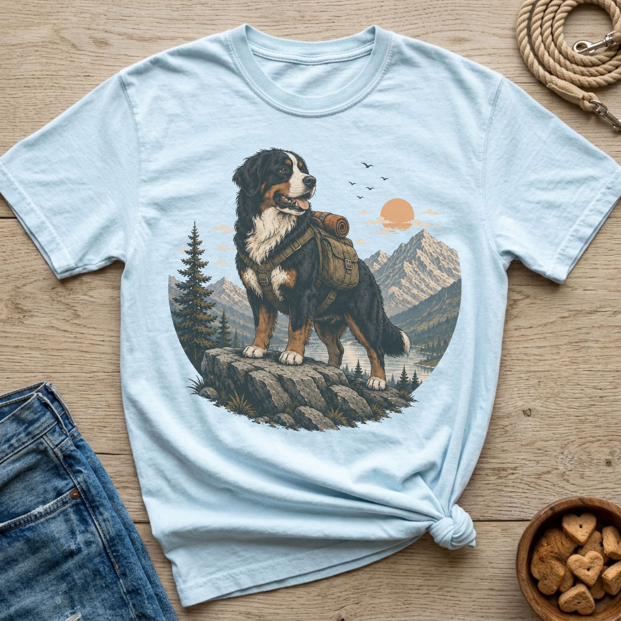 Bernese mountain dog with backpack on rock, hiking scene with mountains, lake, and sun.