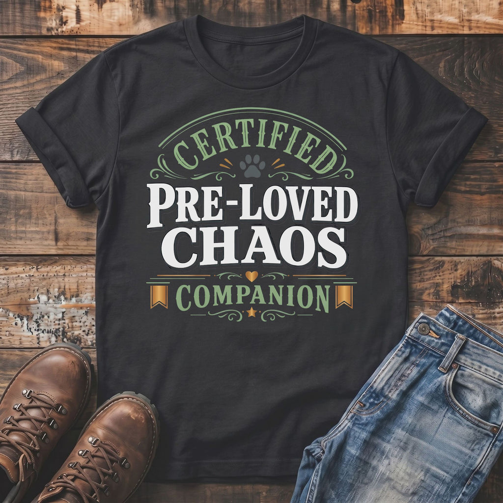 Black t-shirt with "Certified Pre-Loved Chaos Companion" text and paw print.