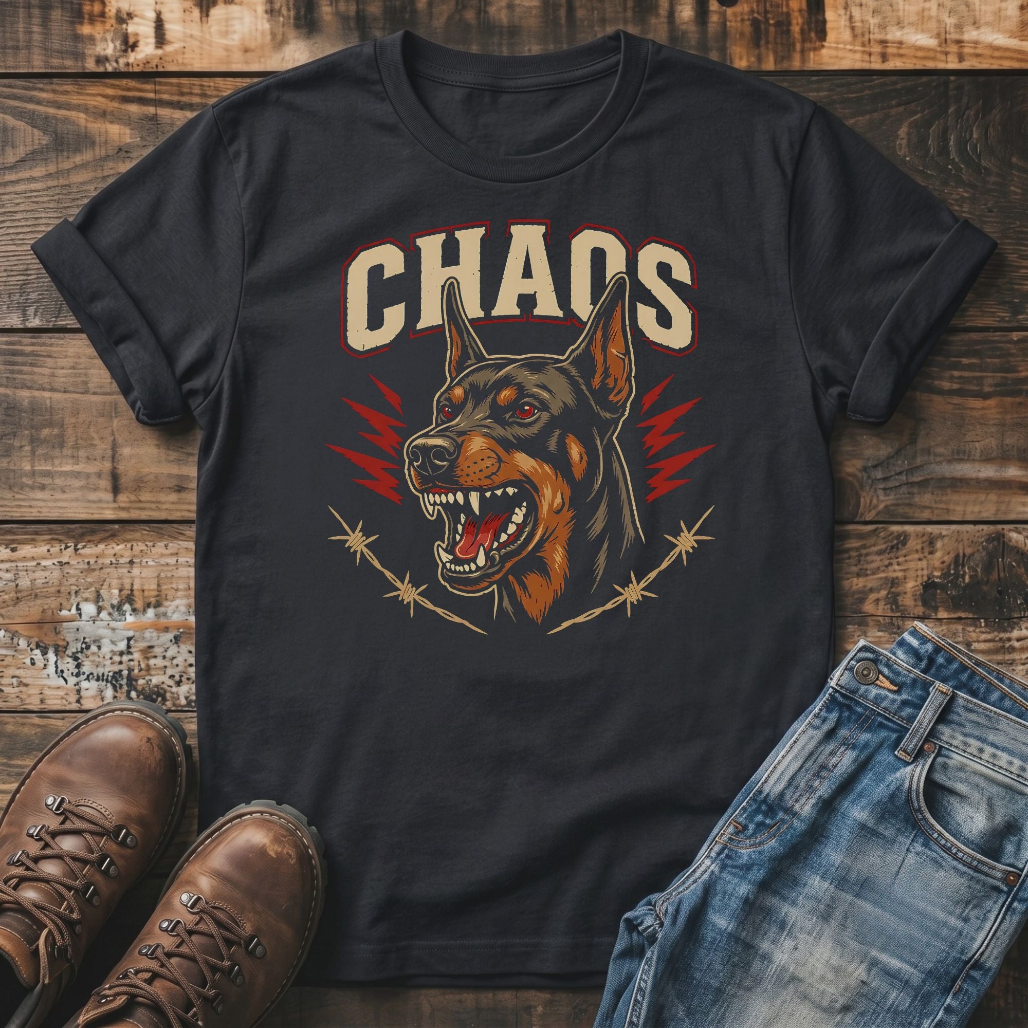 Dark t-shirt with "CHAOS" and angry dog graphic, jeans, and boots.
