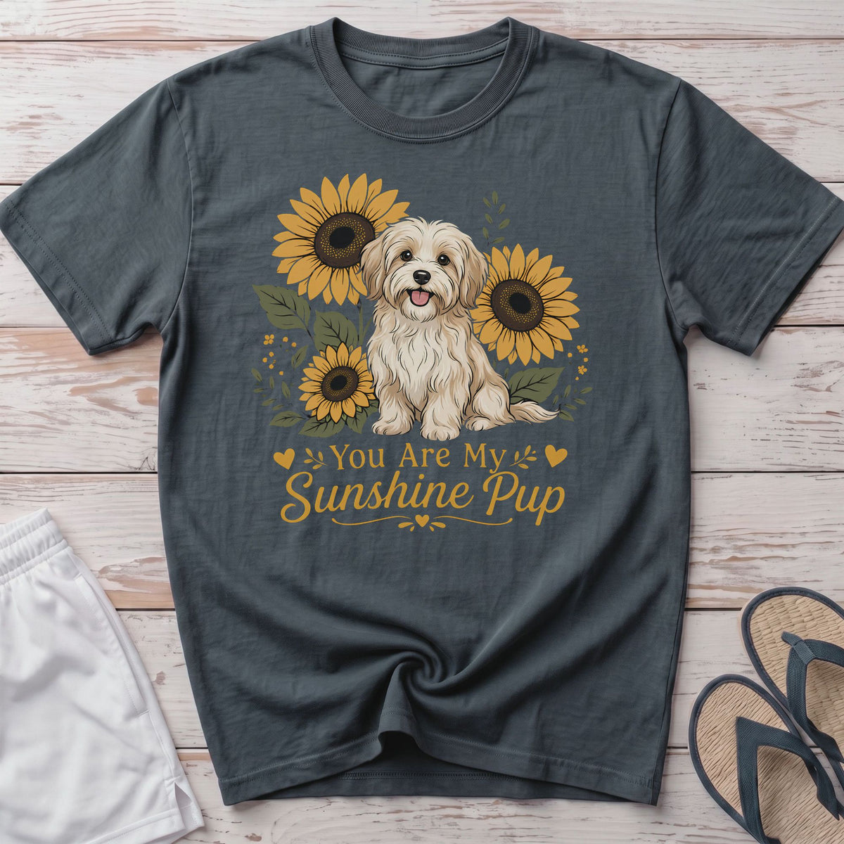 Gray t-shirt with a dog and sunflowers graphic that reads "You Are My Sunshine Pup".