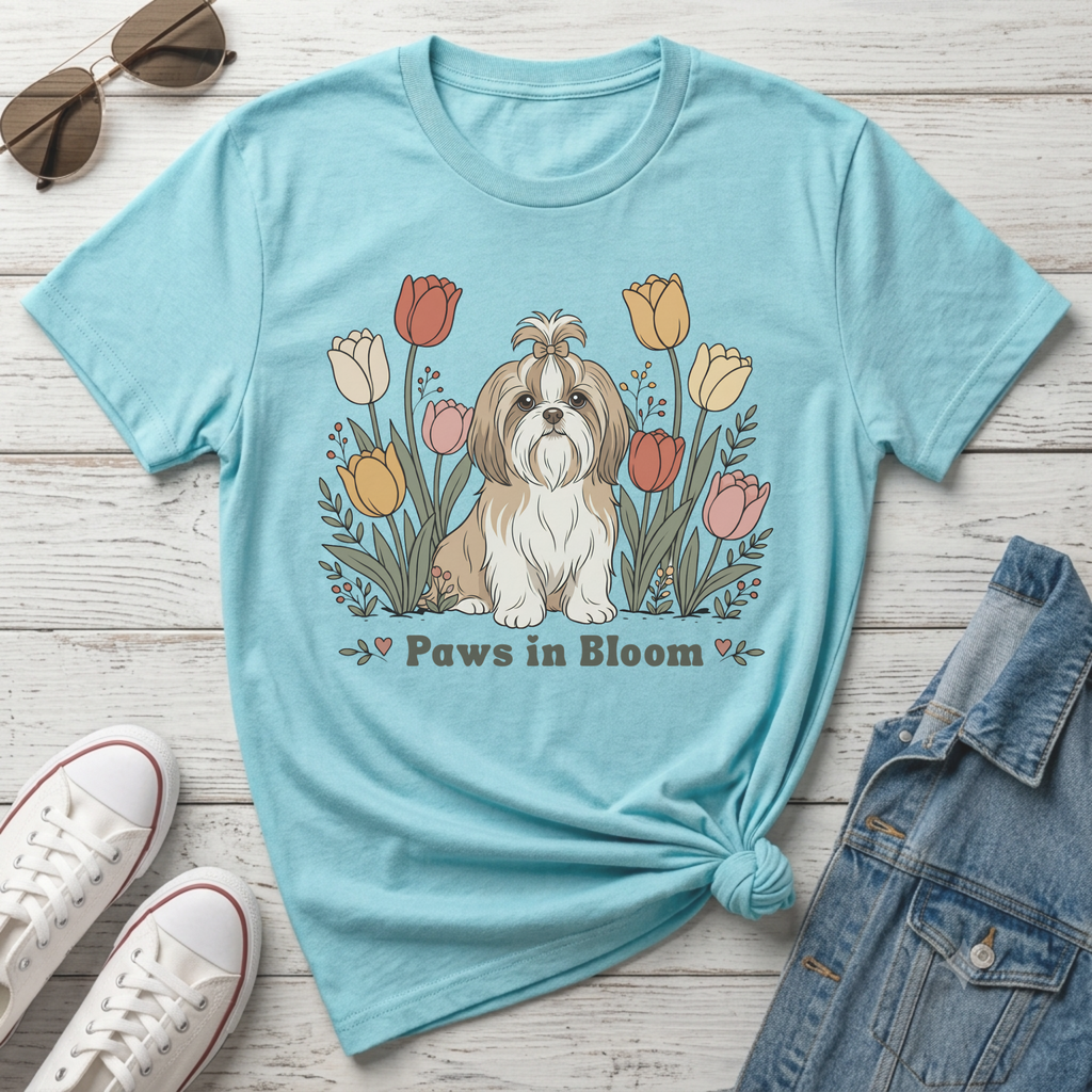 Light blue t-shirt with a Shih Tzu dog and tulips graphic that reads "Paws in Bloom."