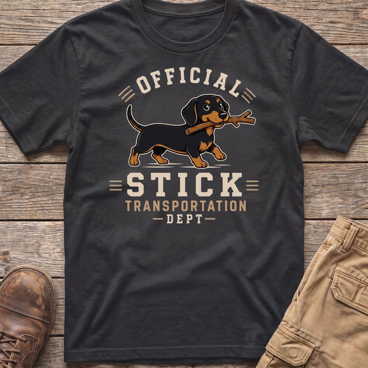 Dachshund with stick on shirt that says "Official Stick Transportation Dept"