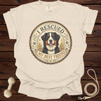 Cream t-shirt with Bernese Mountain Dog graphic reading "I RESCUED MY BEST FRIEND".