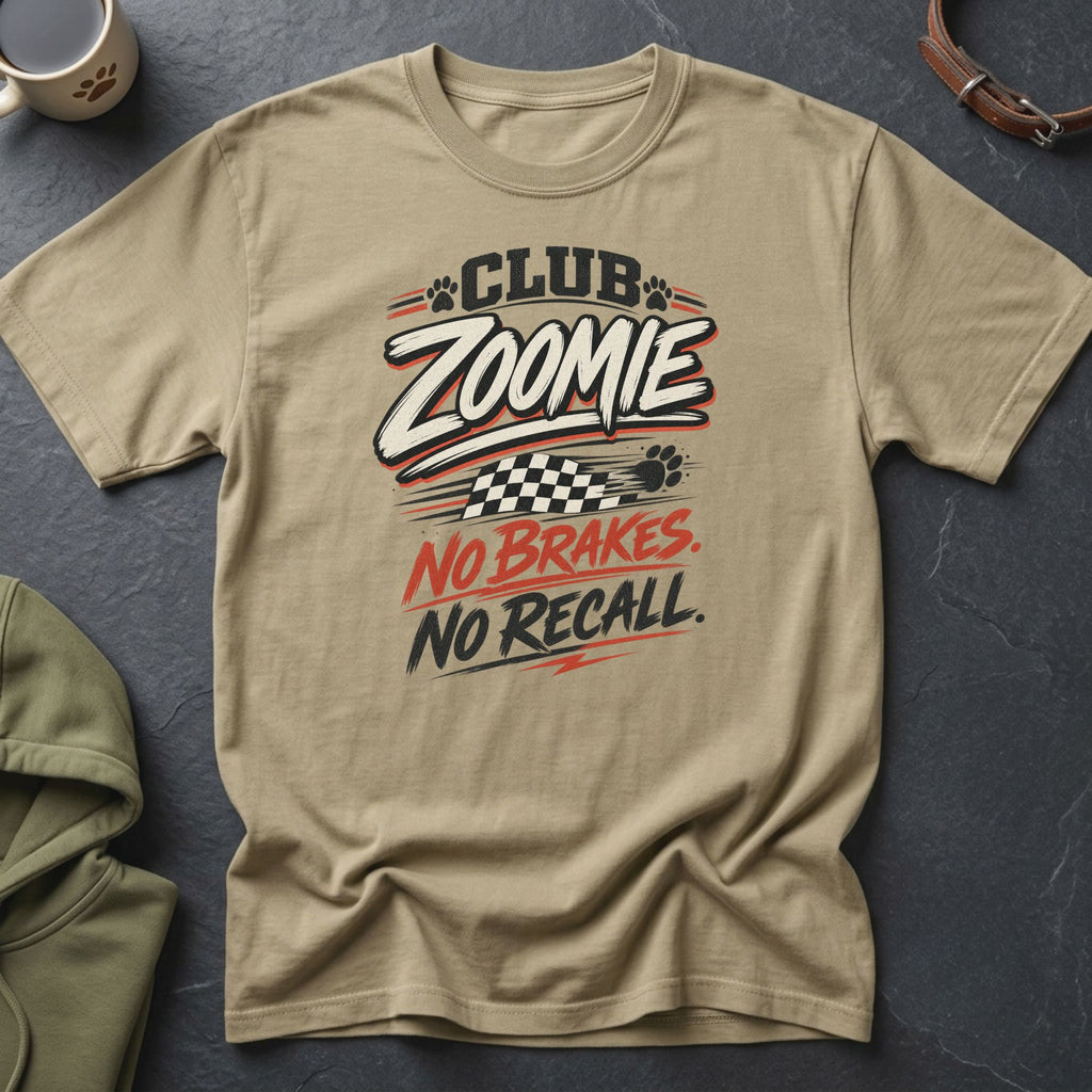 Tan t-shirt with "Club Zoomie No Brakes. No Recall." text and checkered flag graphic.
