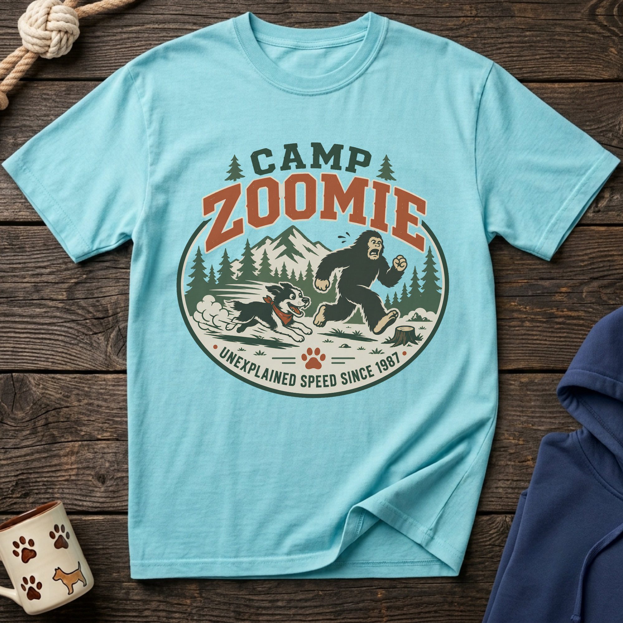 Light blue t-shirt with Bigfoot and dog running under "Camp Zoomie" text.
